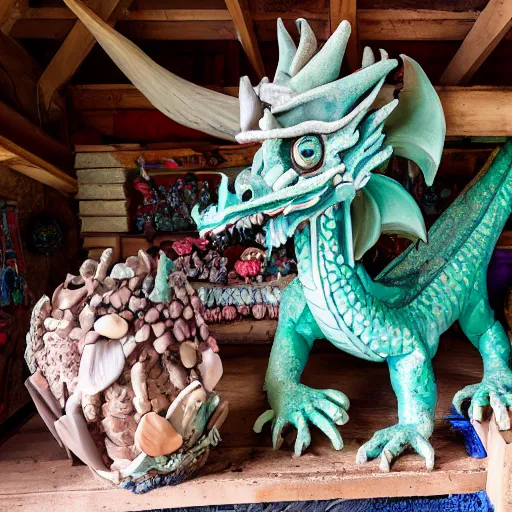 Image similar to Dragon made of clay and seashells on display in the back of the red schoolboys garden shed in the disco center for the mentally disabled in Connecticut.