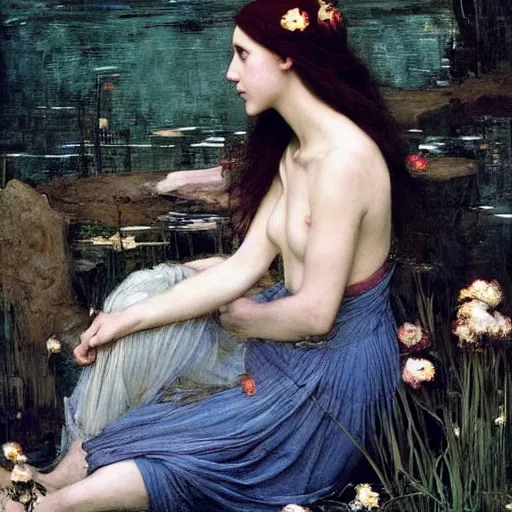 Image similar to Ophelia by John William Waterhouse like a real beautiful woman in fine art photography by Avedon in style of vogue magazine, dramatic lighting, hyper realistic, hiper detailed