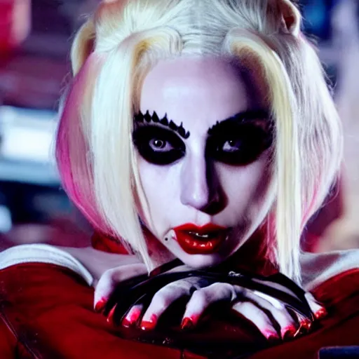 Prompt: Lady gaga as real-life Harley Quinn, cinematic, Wide-shot, atmospheric lighting, directed by Ti West, extreme detail, 8K, movie still