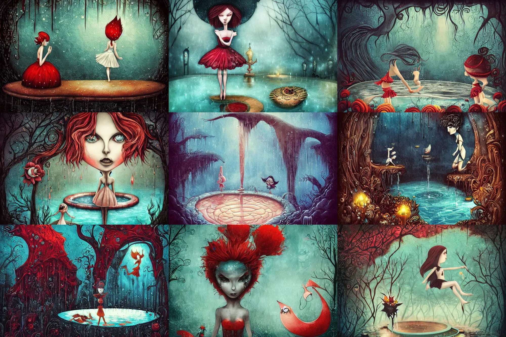 Prompt: Alice falls into a pool and gets wet, dramatic, art style Megan Duncanson and Benjamin Lacombe, super details, dark dull colors, ornate background, mysterious, eerie, sinister