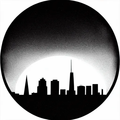 Image similar to a perfect circle where the inside is empty blank space and around the outer edge of the circle is the silhouette of a city skyline, black and white, minimalist, in the style of a charcoal drawing, made by david mellen