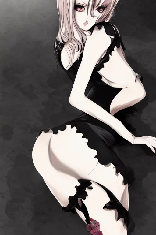 Image similar to pretty gothic lady wearing a tight black ornated dress and black stockings, fullbody art, drawn by WLOP, by Avetetsuya Studios, anime still, trending on artstation