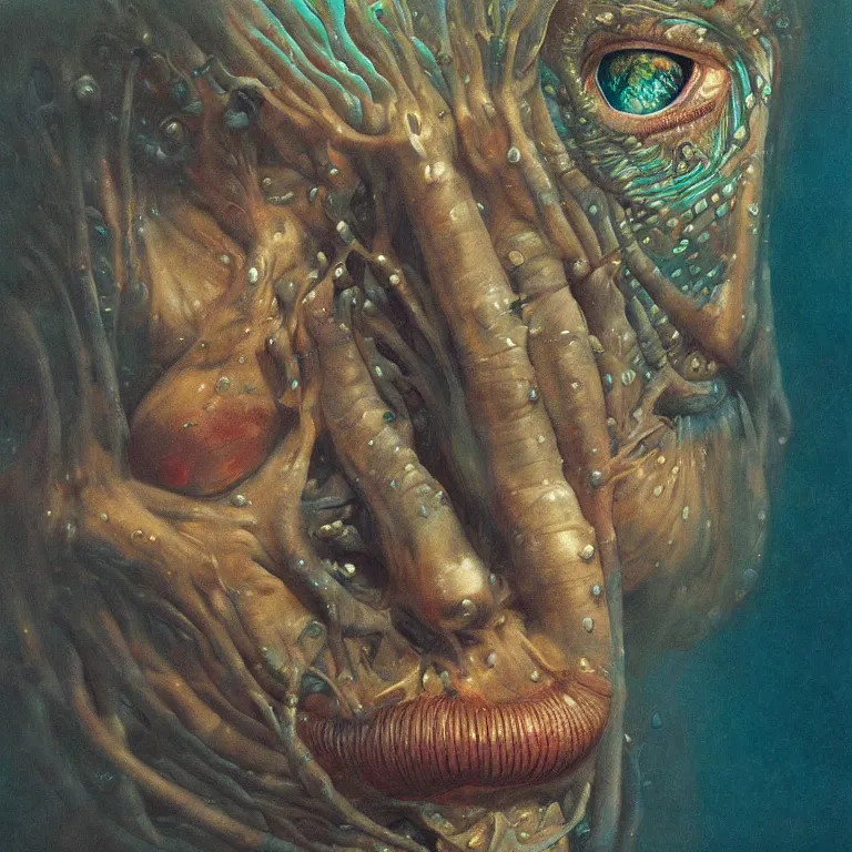 Image similar to Hyperrealistic intensely colored close up studio Photograph portrait of a deep sea bioluminescent Sting, symmetrical face realistic proportions eye contact, sitting in His throne underwater, award-winning portrait oil painting by Norman Rockwell and Zdzisław Beksiński vivid colors high contrast hyperrealism 8k