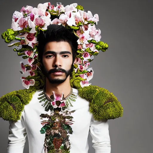 Image similar to a portrait of a beautiful young mexican male wearing an alexander mcqueen armor made of orchids , photographed by andrew thomas huang, artistic