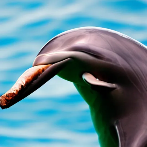 Prompt: photograph close up of a dolphin smoking a cigar