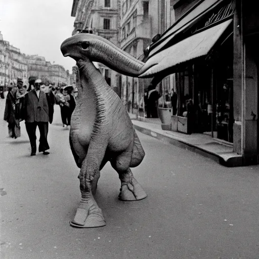 Prompt: french parasaurolophus walking in the streets of paris, 3 5 mm, 1 9 5 4, low angl