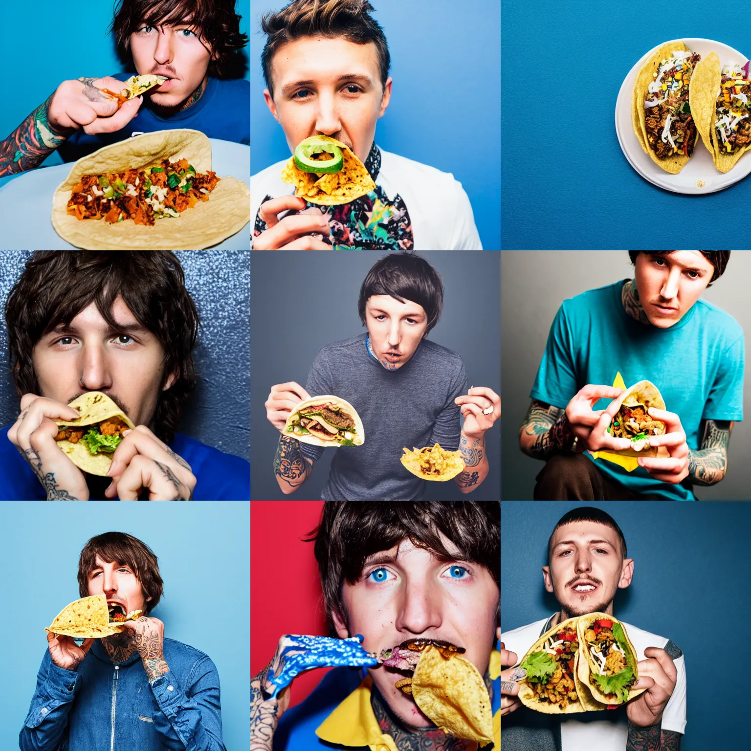 Prompt: photo of oliver sykes eating a taco. 4 0 mm, close up, professional photography. blue background