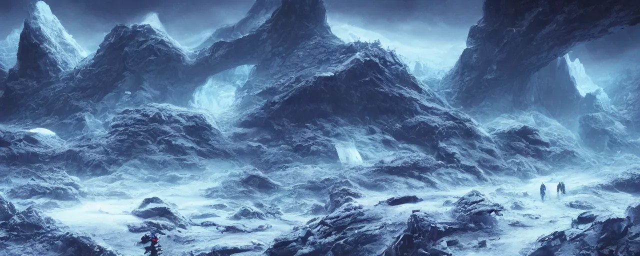 Prompt: ” glacier alien landscape, [ cold, cinematic, detailed, epic, widescreen, opening, establishing, mattepainting, photorealistic, realistic textures, octane render, art by slop and paul lehr ] ”