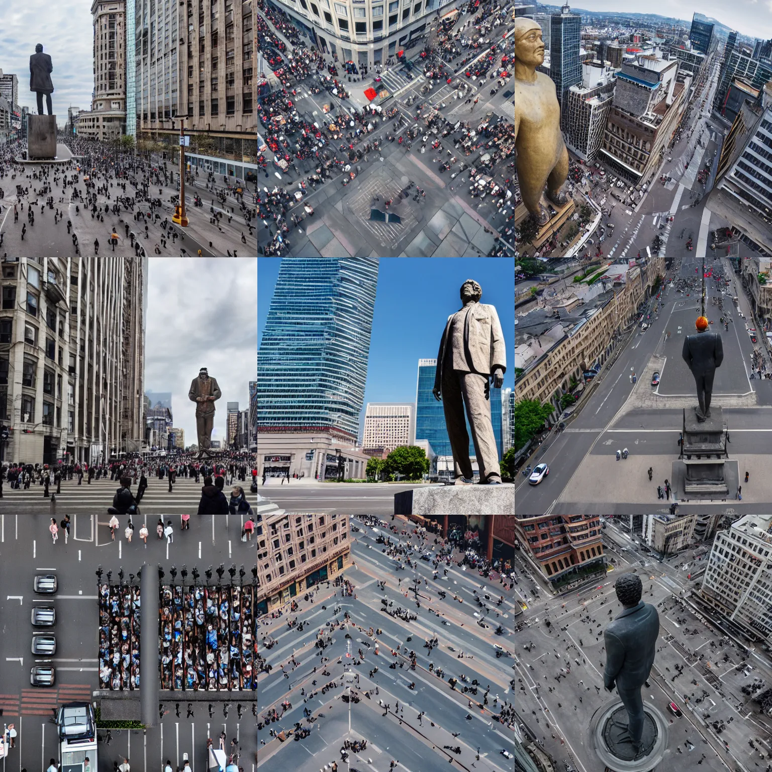 Prompt: a gigantic building - sized statue of a man looking down on pedestrians in the middle of a busy street, hd, 4 k, wide - angle shot