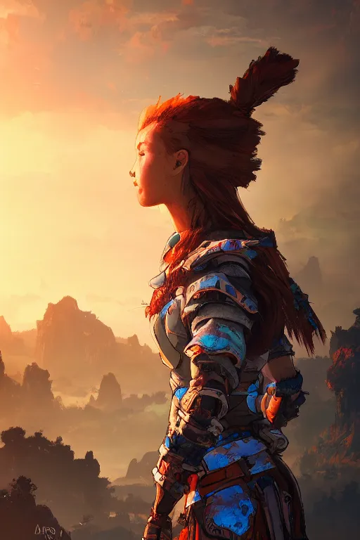 Image similar to combination suit armor aloy horizon forbidden west horizon zero dawn radiating a glowing aura global illumination ray tracing hdr fanart arstation by ian pesty and alena aenami artworks in 4 k tribal robot ninja mask helmet backpack