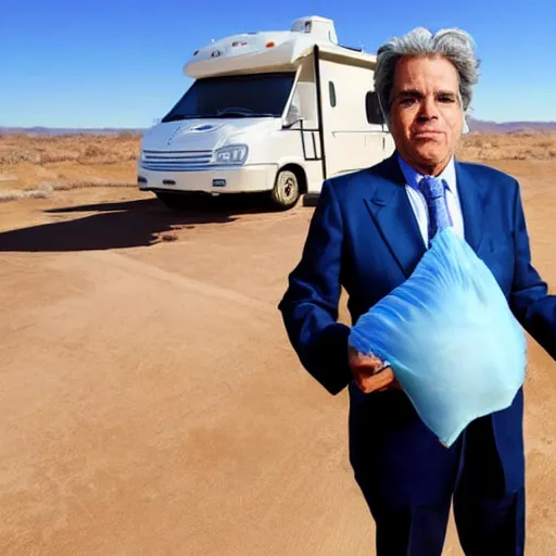 Prompt: current president of uruguay Lacalle Pou holding a ziplock bag with baby blue meth, desert background, next to an rv, by stephen bliss, gta loading screen