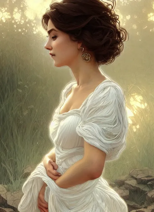 Image similar to full body painting of a woman posing, short wavy hair, round face, intricate white dress, cottagecore!!, inside water, intricate, enlightened, highly detailed, digital painting, artstation, concept art, smooth, sharp focus, illustration, art by artgerm and greg rutkowski and alphonse mucha
