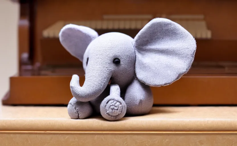 Prompt: cute elephant toy sitting on top of a piano, 33mm, 4k