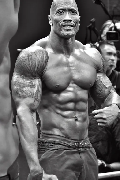 Prompt: Dwayne Johnson is a skinny anorexic featherweight, grayscale photography