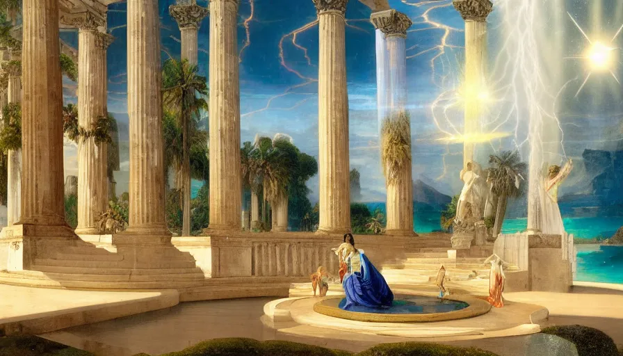 Image similar to Inside the giant Palace, mediterranean balustrade and columns line, refracted sparkles, thunderstorm, greek pool, beach and Tropical vegetation on the background major arcana sky and occult symbols, by paul delaroche, hyperrealistic 4k uhd, award-winning, very detailed paradise