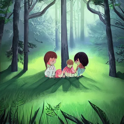 Prompt: a beautiful illustration of cute children dreaming about a beautiful forest, digital art