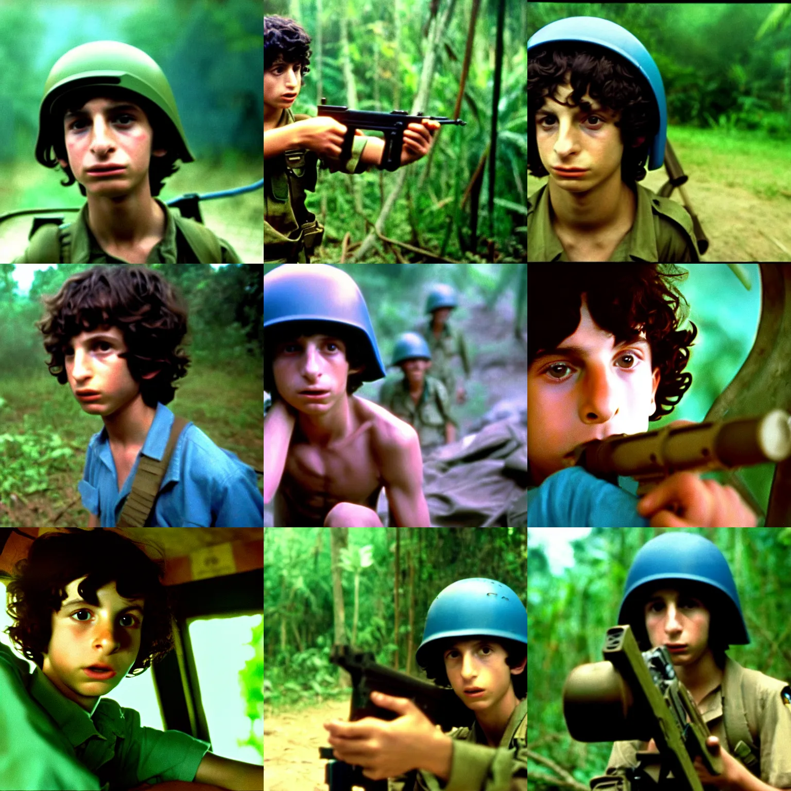 Prompt: film still of finn wolfhard as a door gunner from apocalypse now, full metal jacket, vietnam war associated press photo, jungle, wide angle lens, kodak ektachrome, blue tint expired film