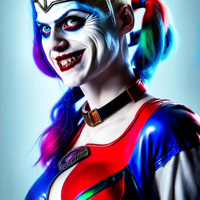 Image similar to portrait of alexandra daddario as a harley quinn in suicide squad. intricate abstract. intricate artwork. by tooth wu, wlop, beeple, dan mumford. octane render, trending on artstation, greg rutkowski very coherent symmetrical artwork. cinematic, hyper realism, high detail, octane render, 8 k, iridescent accents