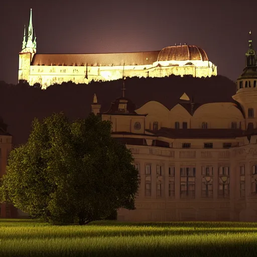 Prompt: ufo landing at the prague castle during the night, large flying saucer, realistic octane render, aliens, volumetrics