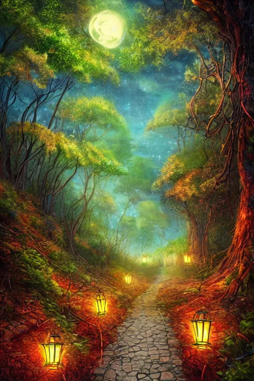 Image similar to a beautiful digital glossy clear sharp of a detailed gothic fantasy fireflies forest trees roots mushrooms fireflies moonlight and iron gate cobblestone pathway vines colorful sky by james gurney, 8 k resolution trending on artstation concept art digital illustration