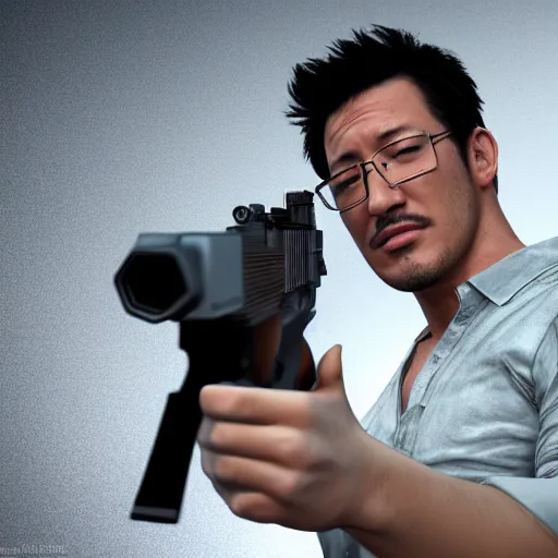 Image similar to markiplier with a desert eagle, 8 k, detailed, octane render, markiplier, pistol, youtube, thumbnail