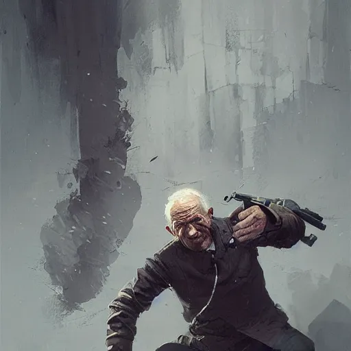 Image similar to old man portrait, throwing hand grenade, greg rutkowski art