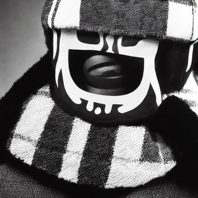 Prompt: a close-up black-and-white studio portrait of MF Doom wearing his mask and a plaid green and white ushanka hate. Madvillain album cover