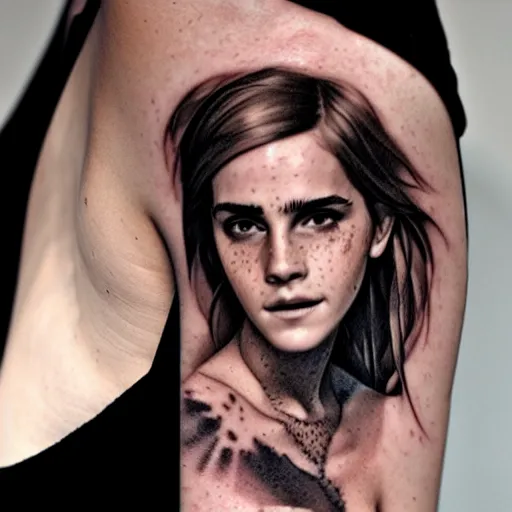 Image similar to man with tattoo of emma watson on arm back by greg rutkowski