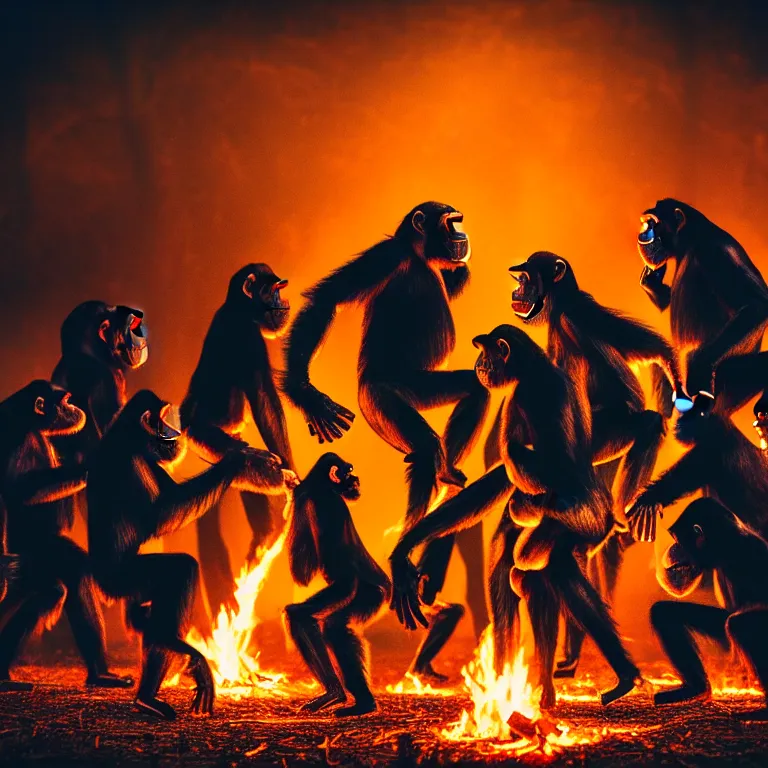 Prompt: real life 1 2 chimpanzees dancing in circle, bonfire in center, a jungle, cinematic, volumetric lighting, vivid colours, long evil shadows, f 8 aperture, cinematic eastman 5 3 8 4 film, photorealistic