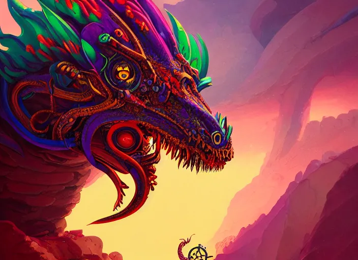 Prompt: A psychedelic portrait of clockwork dragon wretched sorrowsworn , vibrant color scheme, highly detailed, in the style of romanticism, cinematic, artstation, Moebius, Greg rutkowski