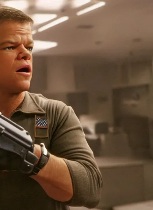 Image similar to matt damon in team america world police, film still, cinematic action,