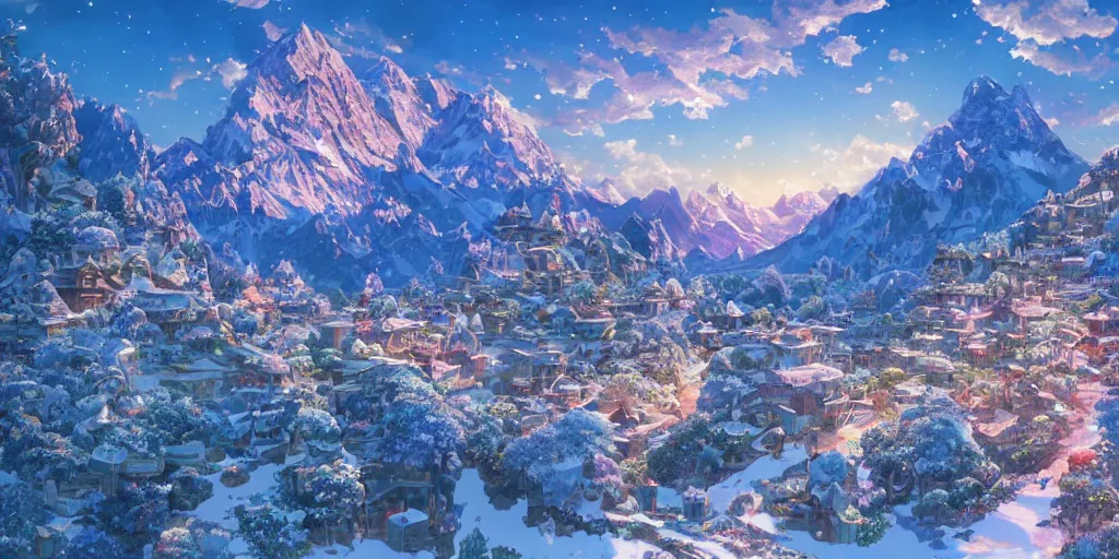 Image similar to the aesthetic view of the beautiful, grand, wistful, dreamy snowcapped mountain at dusk, hyperrealistic anime illustration by iralki nadar, colorful, extremely detailed, intricate linework, super sharp focus, bright colors, octopath traveler, studio ghibli, unreal engine 5 highly rendered, global illumination, radiant light, detailed and intricate environment