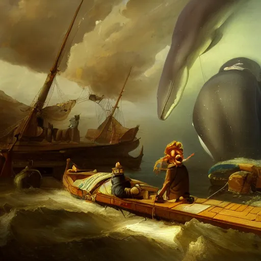 Prompt: a painting of pinnochio in the belly of a whale by andreas achenbach, featured on artstation, fantasy art, matte drawing, matte painting, artstation hq