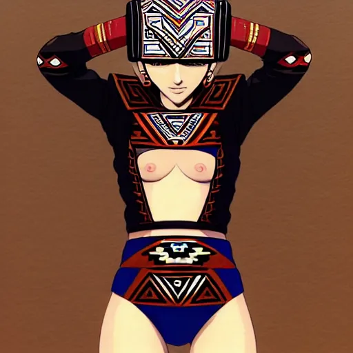 Image similar to beautiful boyish natalie portman alluring gravure model, wearing aztec wooden mask helmet cap and leotard, elegant bulky aztec football gear subtle mayan patterns, elegant aztec bathing suit, gapmoe yandere grimdark, trending on pixiv fanbox, painted by greg rutkowski makoto shinkai takashi takeuchi studio ghibli, akihiko yoshida