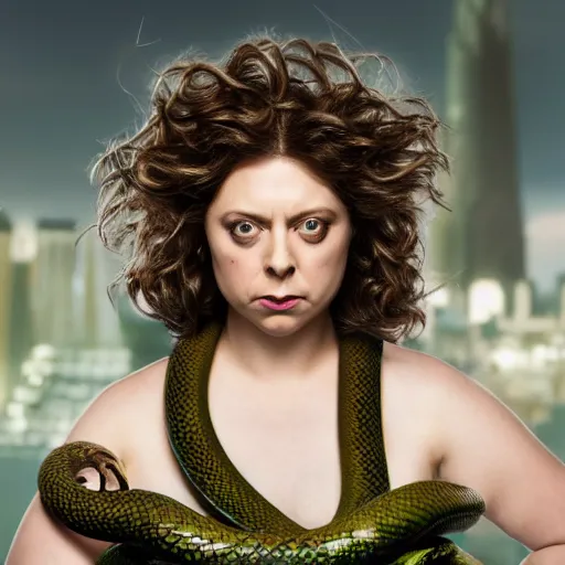 Image similar to rachel bloom as medusa with snakes for hair, real life, highly detailed, hyper realistic, 8 k resolution