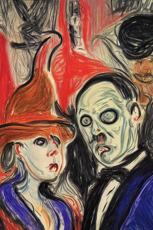 Image similar to a portrait photo of two persons dressed for the carnival of Venice, creepy, edvard munch, wide angle, contemporary and recent