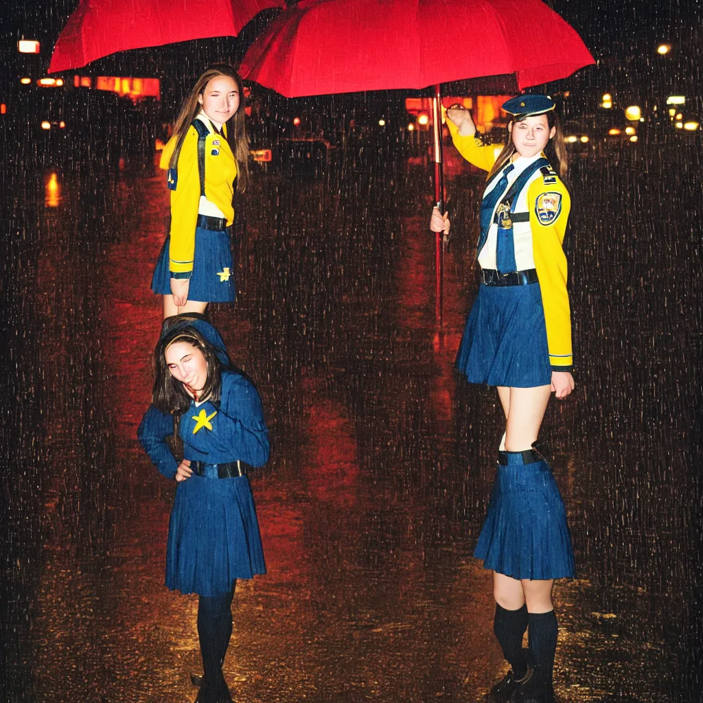 Image similar to night flash portrait photography of a high school girl in uniform on the lower east side by annie leibovitz, colorful, nighttime!, raining!