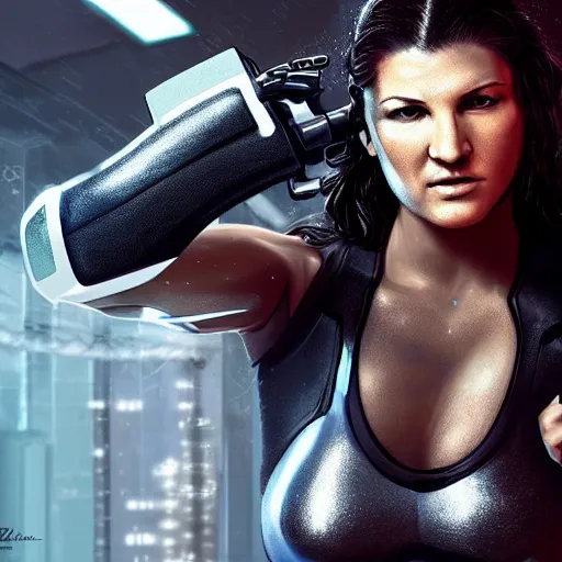 Image similar to beautiful digital painting of gina carano with one robotic cybernetic metallic grey arm, fighting pose, cyberpunk, highly detailed, hyperrealism, concept art, 8 k