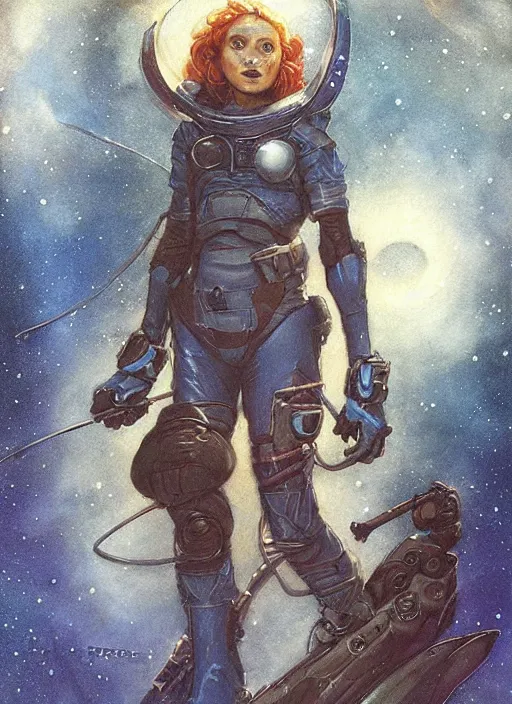 Image similar to portrait of female space ranger, night sky background, beautiful! coherent! by brom, by brian froud, deep color, strong line, high contrast