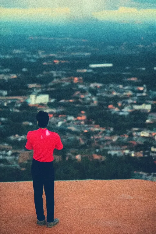 Image similar to agfa vista 4 0 0 photograph of a guy standing on top of a hill watching a city burn in the distance, back view, synth vibe, vaporwave colors, lens flare, moody lighting, moody vibe, telephoto, 9 0 s vibe, blurry background, grain, tranquil, calm, faded!,