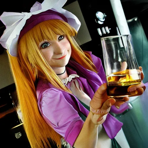 Prompt: Marisa from touhou drink the whisky