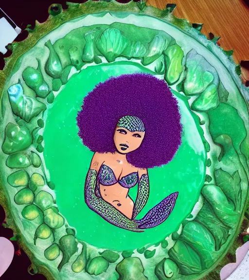 Image similar to a frog-like mermaid with an afro made of lillypads