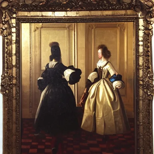 Prompt: oil on canvas painting no frame visible. two women in a vast castle lobby wearing fine clothes. dark room with light coming through the right side of the place. baroque style 1 6 5 6. high quality painting, no distortion on subject faces.