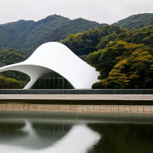 Image similar to a beautiful white art museum building in the shape of a cloud on the surface of the lake. the interior is luminous. it was created by tadao ando and yoshima
