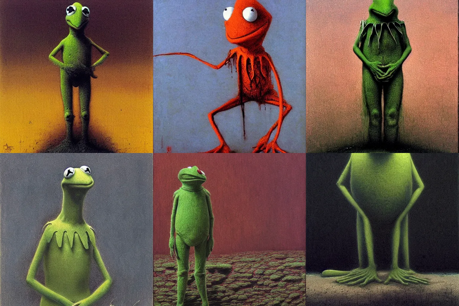 Prompt: Kermit the frog awkward stance by beksinski