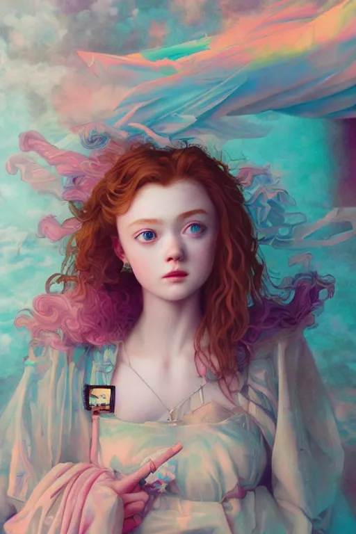 Image similar to sadie sink portrait of a vaporwave girl in a cluttered 9 0 s bedroom, by artgerm, tom bagshaw, gerald brom, vaporwave!, vaporwave colors!,, 4 k, lo fi colors, lo fi, 4 k, hd,