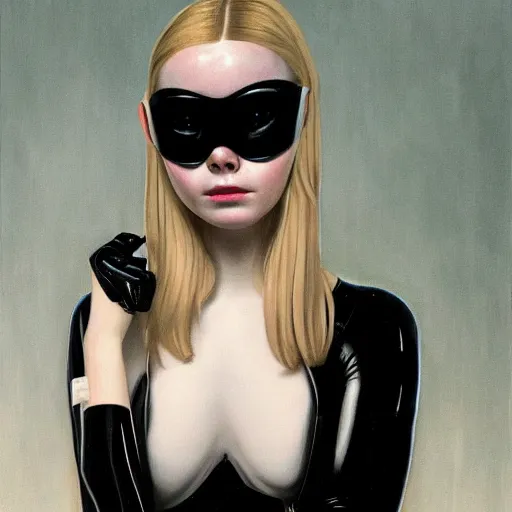 Prompt: Elle Fanning wearing a black latex suit in the style of Paola Vetri, head and shoulders portrait, stormy weather, extremely detailed masterpiece, oil on canvas, low-key neon lighting, artstation, Blade Runner 2049, Roger Deakin’s cinematography, by J. C. Leyendecker and Peter Paul Rubens and Edward Hopper and Michael Sowa,