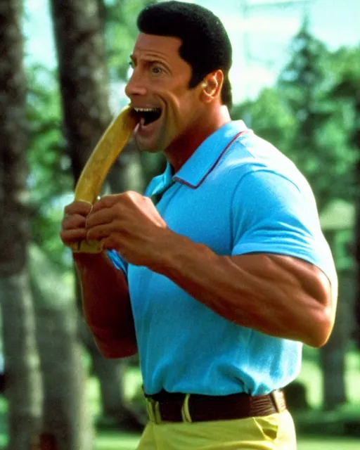 Image similar to Film still close-up shot of dwayne johnson as happy gilmore from the movie happy gilmore. Photographic, photography