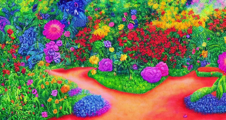 Image similar to bosch painting of a garden using lisa frank colors