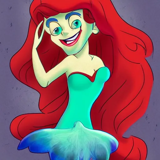 Prompt: Ariel from the little mermaid as a zombie, rotting, eating prince Eric, Disney cartoon, gritty, trending on artstation,